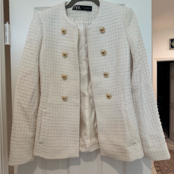 K1. Zara Cream Textured Weave Double Breasted Button Blazer - Picture 3 of 9